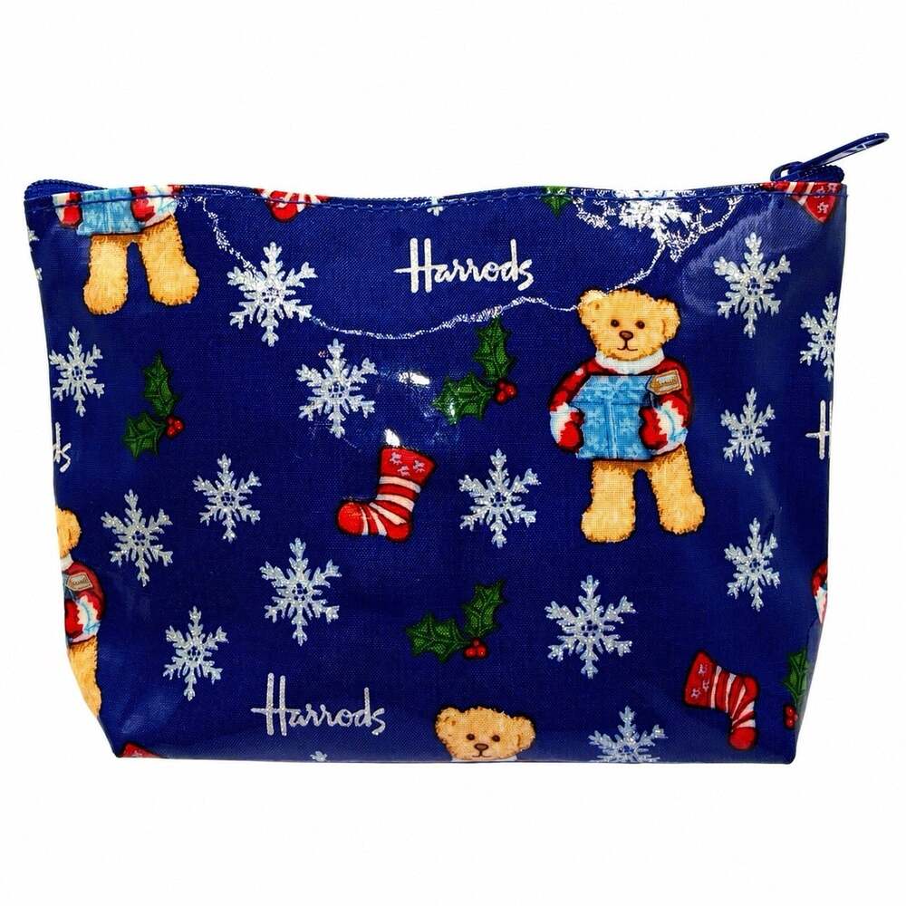 Harrods Christmas Teddy Bear Snowflake Cosmetic Makeup Bag Blue Zip Pouch NWOT
